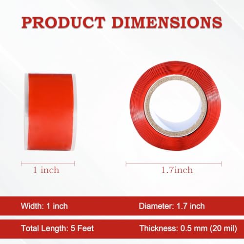 Image of Self Fusing Silicone Tape 1 in x 5' Red Waterproof Rubber Leak Proof Sealing Silicone Rubber Self-amalgamating Tape for Emergency Hot and Cold Water Pipe Repairs and Tool Fixation