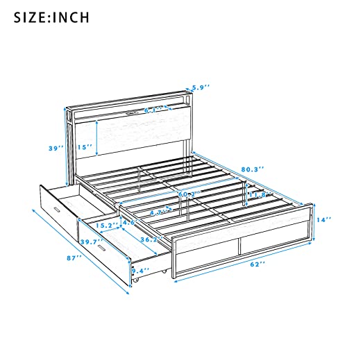 Queen Metal Bed Frame With 2 Storage Drawers And Usb Ports Queen Size Platform Bed 2-Tier Storage Wooden Headboard And Charging Station, Noise-Free, No Box Spring Needed, White #TOP1