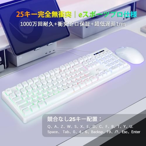 HUO JI ゲーミングキーボード&マウスセット 有線 静音 メンブレン メカニカル風打鍵感 RGBバックライト 104キー テンキー付き 英語配列 ゴーストキー防止機能 マウスDPI調整可能 夜間作業/オフィス用 キーマウ PC/PS4/PS5/Xbox対応（ホワイト）