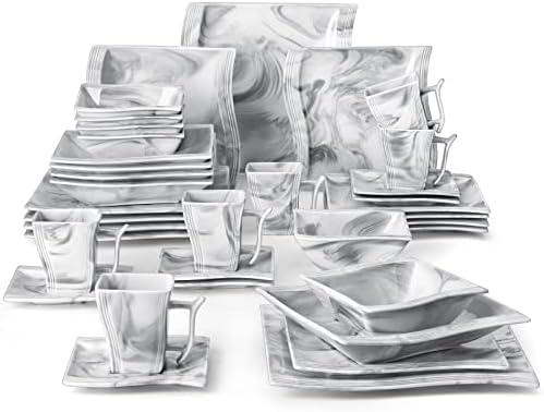 MALACASA, Series Blance, 30-Piece Marble Grey Porcelain Dinnerware Set with 6 x Dinner Plates/Dessert Plate/Soup Plate/Cup/Saucer, Service for 6