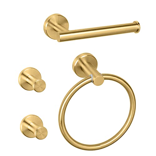 Nearmoon 4 Pieces Bathroom Hardware Set, Include Hand Towel Ring, Toilet Paper Holder And 2 Robe Towel Hooks, Stainless Steel Bathroom Accessories Wall Mounted (Brushed Gold) #TOP18