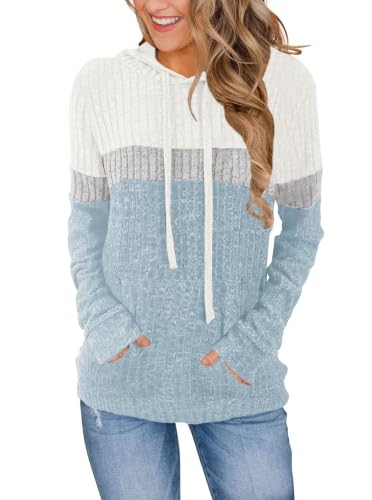 DUOEASE Sweat Femme Chic Elegant Pull Femme avec Poche Decontracte Hoodie Top Manches Longues Automne Haut（Blanc-Gris-Bleu L）