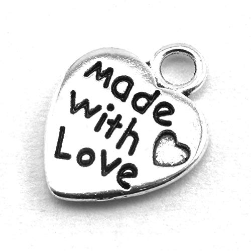 heyous 100pcs Heart Shape Charms Handmade Metal Labels Printed Made With Love Tag Labels Carving DIY Craft Necklace Bracelets Keychain Jewelry Making Findings Accessories Ancient Silver
