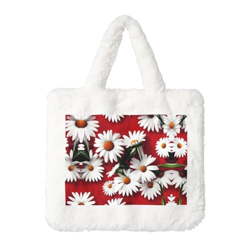 SDEGTHO Bolso de hombro esponjoso con estampado de flores rojas y margaritas blancas para mujer, bolsa de mano de felpa para las axilas, bolso de mano para el trabajo y viajes, White, Talla única