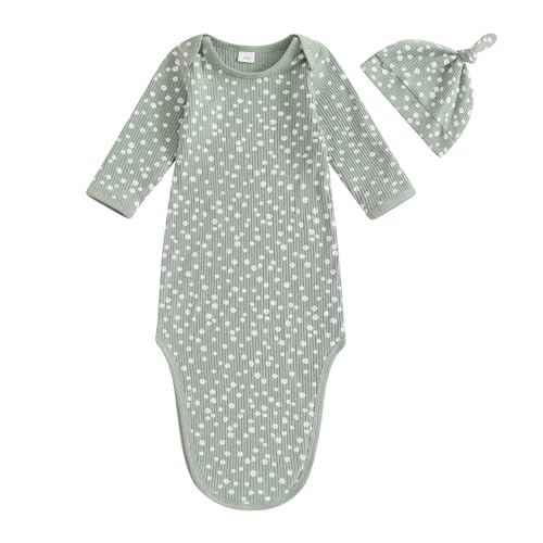Newborn Sleeper Gown Flower Baby Girl Knit Pajamas Sleepwear Baby Onesie With Mitten Cuffs Coming Home Outfit (Green, Newborn)