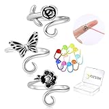 Juszok Anillo de tensión ajustable de ganchillo para dedos, 3 unidades, guía de hilo de flores, anillos de tensión para tejer con 10 marcadores de punto de ganchillo para ganchillo con caja de