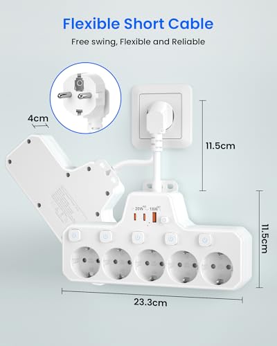 Miniatura 6 de Regletas Enchufes Proteccion Sobretension, Ladron Enchufes Con Interruptor,Regleta 5 Tomas Con Usb Carga Rápida Pd20w,Base Enchufe Multiple Interruptor Independiente,Enchufe Pared Cable Corto,Blanco