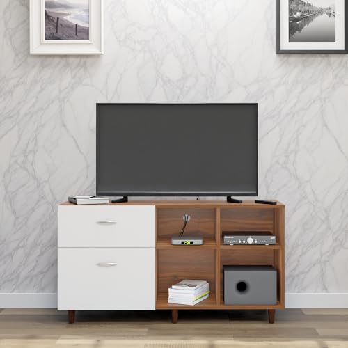 Image of VIKI Modern TV Unit for Living Room | Engineered Wood TV Cabinet with 2 Drawer Storage & 2 Open Shelves, Entertainment Unit, 140W x 74H x 40D cm | DIY | 1 Year Warranty (Walnut & White)
