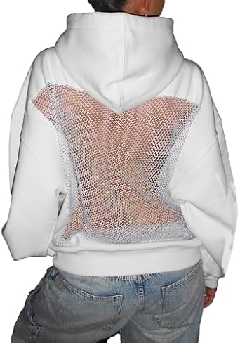 Womens Y2K Sexy Mesh Back Hoodies Oversize Crystal Lace Cutout Hoodie See Through Party Pullover With Pocket