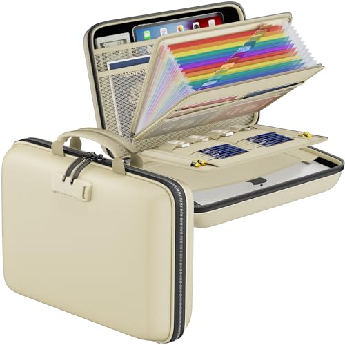 DocSafe Fireproof File Organizer with Lock, Hard-Shell Case Fireproof Document Box with 13 Pocket Accordion File Folder, Portable Home Office Travel Safe Storage for Important Documents Laptop Beige by DocSafe - Used condition - CA$53.39