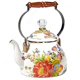 MACKENZIE-CHILDS Enamel Tea Kettle, Stylish Tea Kettle for Stovetop, White Flower Market, 2 Quarts
