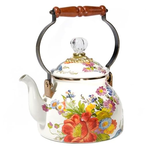 MacKenzie-Childs Flower Market Enamel Tea Kettle, Decorative Tea Kettle, 2-Quart Capacity, White