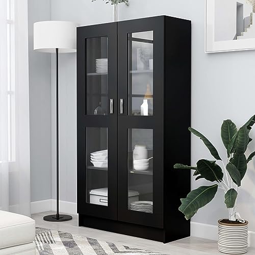 IKAYAA Armario Vitrina con 4 Compartimentos Vitrina de Cristal Vitrinas de salón Vitrinas de Exposición de Madera Contrachapada Aparador Comedor, Aparador Cocina Negro 82,5 x 30,5 x 150 cm