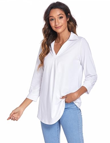 Newchoice Womens Collared V Neck 3/4 Sleeve Shirts Summer Soft Comfy Dressy Casual Work Blouses Loose Fit Plus Size Tunic Tops (White, XXL) - Thumbnail 5