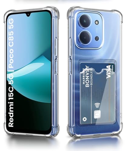 Image of WOW IMAGINE Transparent Back Cover Case for Mi Redmi 15C 5G | Poco C85 5G 2025 | Flexible Built-in Slim Card Pockets Wallet | 360 Camera Protection TPU | Soft Silicone Mobile Cover - Transparent
