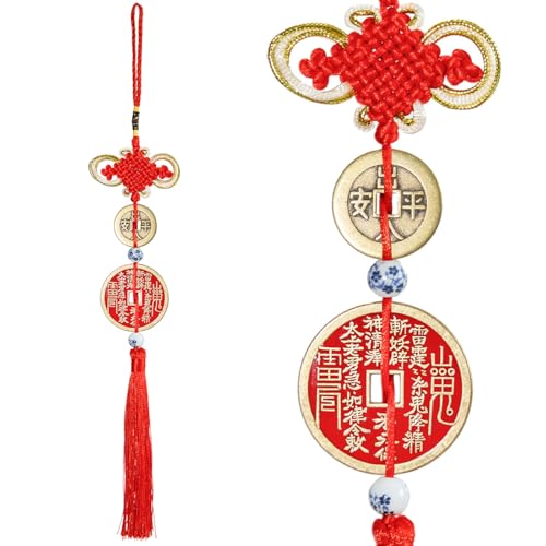 Feng Shui Solid Brass Feng Shui Lucky Coin with Cinnabar, Wealth Protection Amulet Hanging Charm for Home Car Mirror Decor, Safe Travel Talisman Festival Housewarming Gift (Safe Travel Talisman)