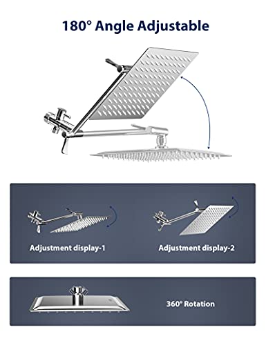 High Pressure Shower Head, 8‘’ Rainfall Shower Head/Handheld Shower Combo with 11\'\' Extension Arm, 1.5M Hose, Height/Angle Adjustable, 5-setting Handheld Shower with Holder, Filter, Anti-leak, Chrome