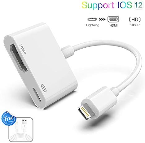 Lighting to HDMI Adapter Lighting Digital AV Adapter 1080P with Lighting Charging Port for Select iPhone iPad and iPod Models and HDTV Monitor Projector，No APP Needed