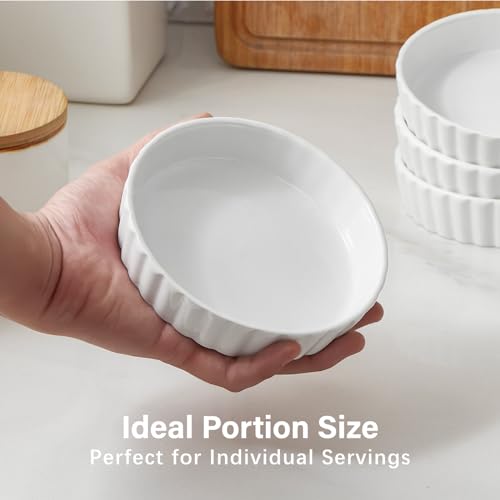 ONEMORE Ramekins, Creme Brulee Ramekins 8 oz Oven Safe White Porcelain Small Baking Dishes for Individual Serving, Fluted Shallow Soufflé Dishes Quiche Dish Mini Tart Pans Sauce Ramekin Set of 6