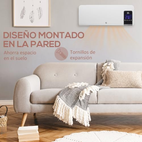 Miniatura 8 de Homcom Calefactor Eléctrico Bajo Consumo, 1000 2000w, Calefactor De Baño De Pared Con Oscilación, Ptc, Pantalla Led, Protección Contra Sobrecalentamiento, Temporizador, Mando, Para 15-20m Blanco