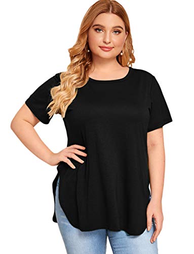 Romwe Women s Plus Size Short Sleeve Side Slit Solid Loose Casual Tee T-Shirt Tops Black 2XL