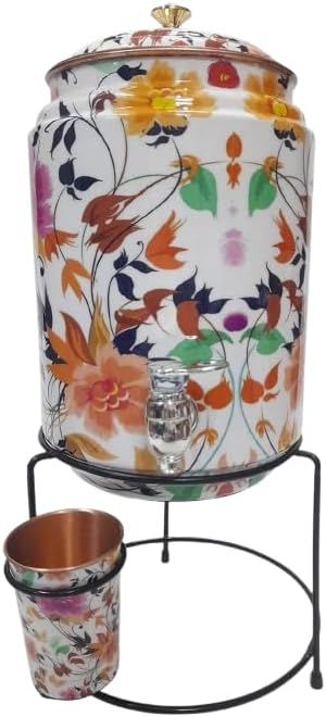 Copper Dispenser White Printed 8 Litre Copper Water Dispenser (Matka) & Glass 300 Ml With Stand. Container Pot with 100% Pure Copper and Ayurvedic Health Benefits (8000 ml)
