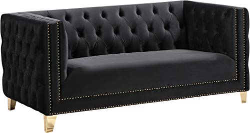 Meridian Furniture 652Black-L Michelle Collection Modern | Contemporary Loveseat with Deep Button Tufting, Gold Nailhead Trim and Sturdy Gold Iron Legs, Black Velvet, 66