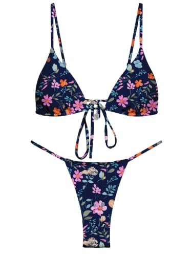 Image of OWICA Women's Sexy Triangle Bikini Sets Cheeky Thong Swimsuit Adjustable Spaghetti Straps Bathing Suit