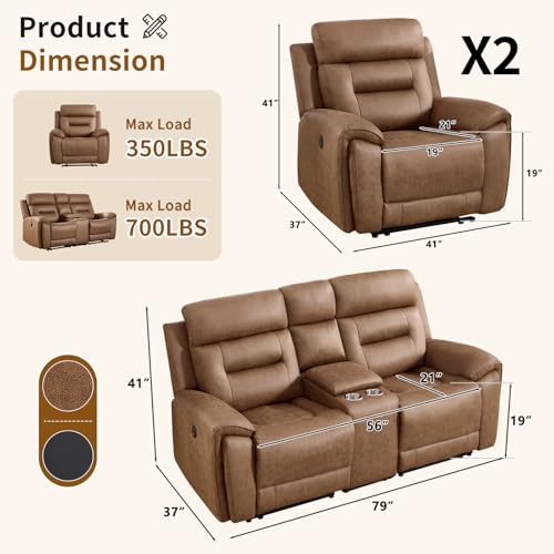Image of ANJ 3-Piece Faux Leather Power Recliner Sofa Set with USB&Type-C Charging Ports, Include 2 Single Recliner Chairs and 2-Seater Loveseat with Hidden Storage & Cup Holders, Brown