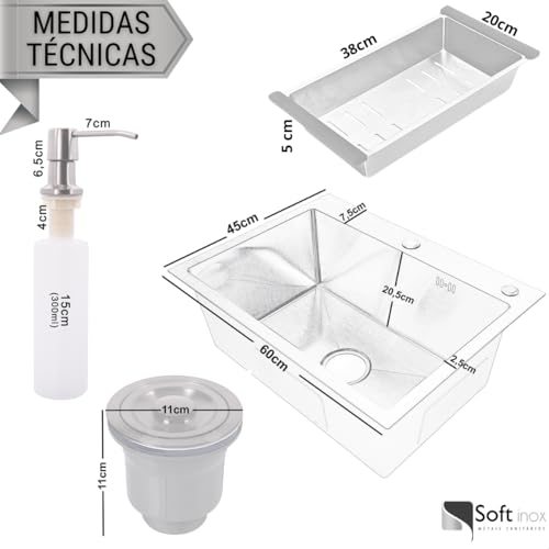 SOFTINOX Cuba Goumert de Cozinha Quadrada Acabamento Escovado Material Premium 60x45 com Kit Instala