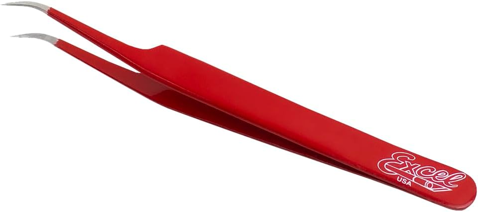 Excel Blades Curved Fine-Tip Tweezers For Crafting With Protective Cover – Precision Tweezers for Electronics, Jewelry, Craft, Cardmaking and DIY – Red