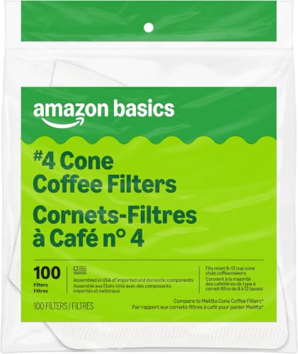 Image of Amazon Basics Number 4 Cone Coffee Filters for 8-12 Cup Coffee Makers, White, 100 Count, 8-Pack