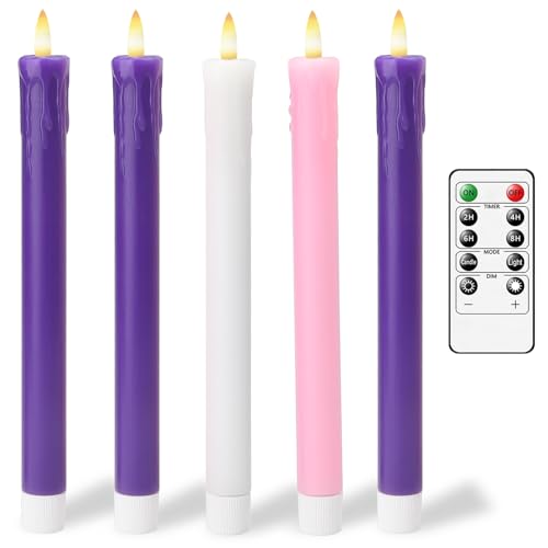 Lezonic Flameless Advent Candles Battery Operated with Remote, Set of 5 Wax Christmas Taper Nativity Candles, LED Advent Wreath Candles for Church Home Christian Decor, 3 Purple & 1 Pink & 1 White