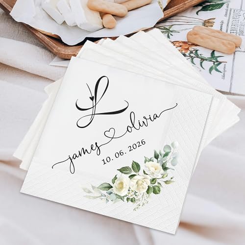 Image of Personalized Cocktail Napkins Wedding, Monogrammed Name Couple, Pack 50 100 150 300 500 Anniversary Party, Disposable Decoration Initials Beverage Bar Reception Cocktail Luncheon Dinner, Golden 3