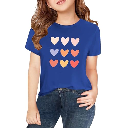 Camiseta de manga corta con cuello redondo y estampado gráfico para niñas, ropa casual de verano, camiseta atlética de algodón para niños, trajes escolares, blusa multicolor para adolescentes, azul, 3
