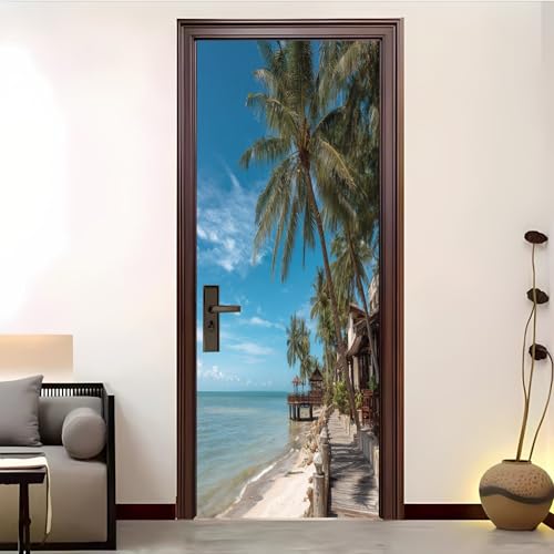 Pegatinas Para Puertas Autoadhesivo 86x200 cm Balneario Tropical Pegatinas Para Puertas Azul 3D Pegatinas Impermeables ExtraíBles Adecuado, DecoracióN Del Hogar