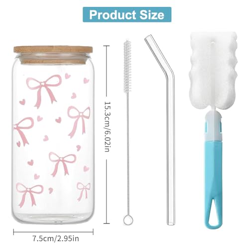 Miniatura 2 de Linyijoy Vaso De Cristal Con Tapa Y Pajita, Vasos De 16 Oz Vasos De Té De Burbujas, Taza De Café Helado, Vaso De Cristal Con Lazo Rosa, Vaso De Cristal De Arco Versátil Para Café, Cócteles Y Más