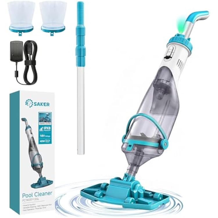 Saker Handheld Pool Vacuum for Above Ground Pool, Cordless Pool Cleaner with Telescopic Pole, 18.5 GPM Powerful Suction, 60-Min Runtime Rechargeable for Inground Pools, Spas, Hot Tubs