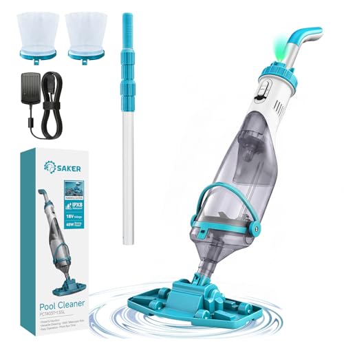 Saker Handheld Pool Vacuum for Above Ground Pool, Cordless Pool Cleaner with Telescopic Pole, 18.5 GPM Powerful Suction, 60-Min Runtime Rechargeable for Inground Pools, Spas, Hot Tubs