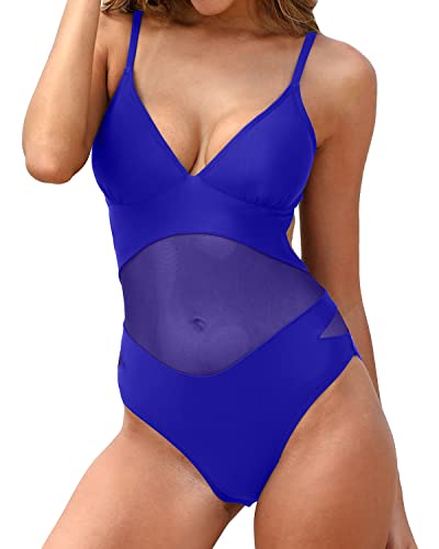 image for Holipick Women Blue Sexy One Piece Swimsuits Mesh Bathing Suits Plunge
