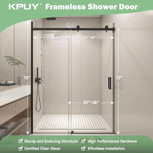 KPUY Frameless Shower Door, 56-60" W x 76" H Sliding Glass Shower Door, 1/4" (6mm) Thick Tempered Clear Glass with Explosion-Proof Film Nano Coating in Matte Black Finish - Thumbnail 6