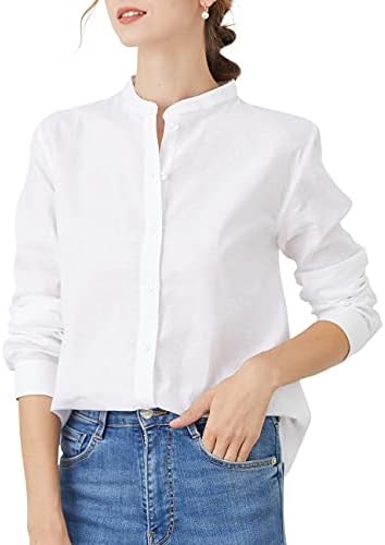 Women's Mandarin Collar Button-Down Shirts Casual Cotton Long Sle...