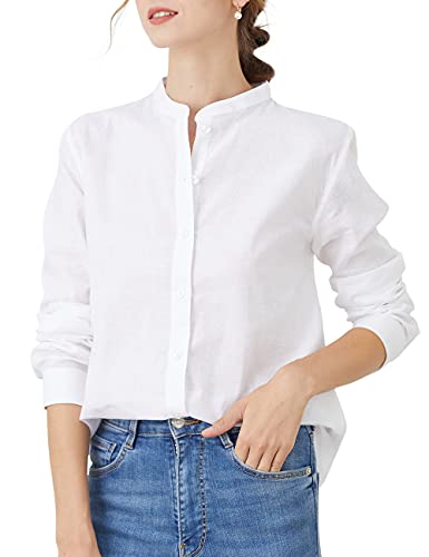 Women's Mandarin Collar Button-Down Shirts Casual Cotton Long Sleeve Blouses
