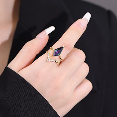 Gioxrno Vintage Alexandrite Engagement Ring Set For Women Art Deco Kite Shaped Lab Alexandrite Stacking Ring Set 18K Gold Plated Anniversary Promise Ring Set For Her (8) #TOP3
