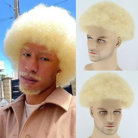 ZigZag Hair Blonde #613 Mix Brown Mens Toupee Fluffy Afro Curly Short Hair Full Lace Men's Wig 8x10inch Brazilian Human Hair Tight Afro Curly Men's Hair Systems Hairpiece (#613 Color, Full Lace) Cover