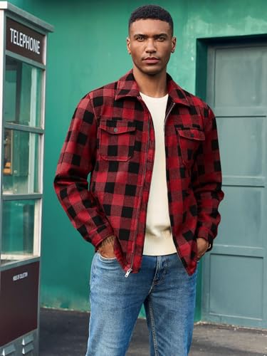Mens Fleece Jacket Sherpa Lined Zip Up Buffalo Plaid Flannel Coat Casual Long Sleeve Warm Fall Winter Outwear2