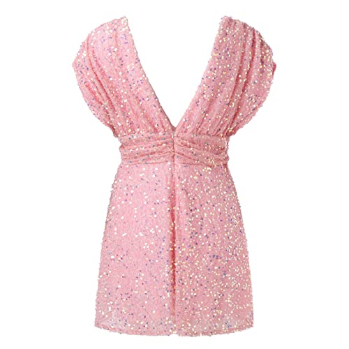 Vestido feminino sexy de lantejoulas, gola V, colado ao corpo, curto, coquetel, festa, boate, vestid