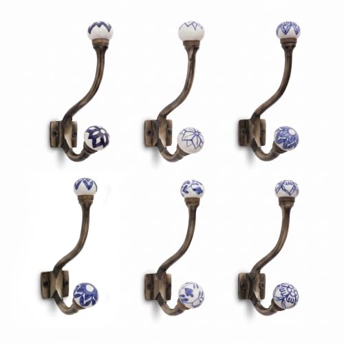 Indian Shelf Blue White Ceramic Double Wall Coat Hooks Heavy Duty 6 Pack