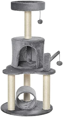 PawHut Cat Tree Tower for Indoor Cats Climbing Activity Center Kitten Furniture with Jute Scratching Post Bed Tunnel Perch Hanging Balls Grey