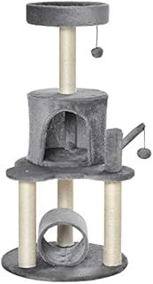 PawHut Cat Tree Tower for Indoor Cats Climbing Activity Center Kitten Furniture with Jute Scratching Post Bed Tunnel Perch Hanging Balls Grey